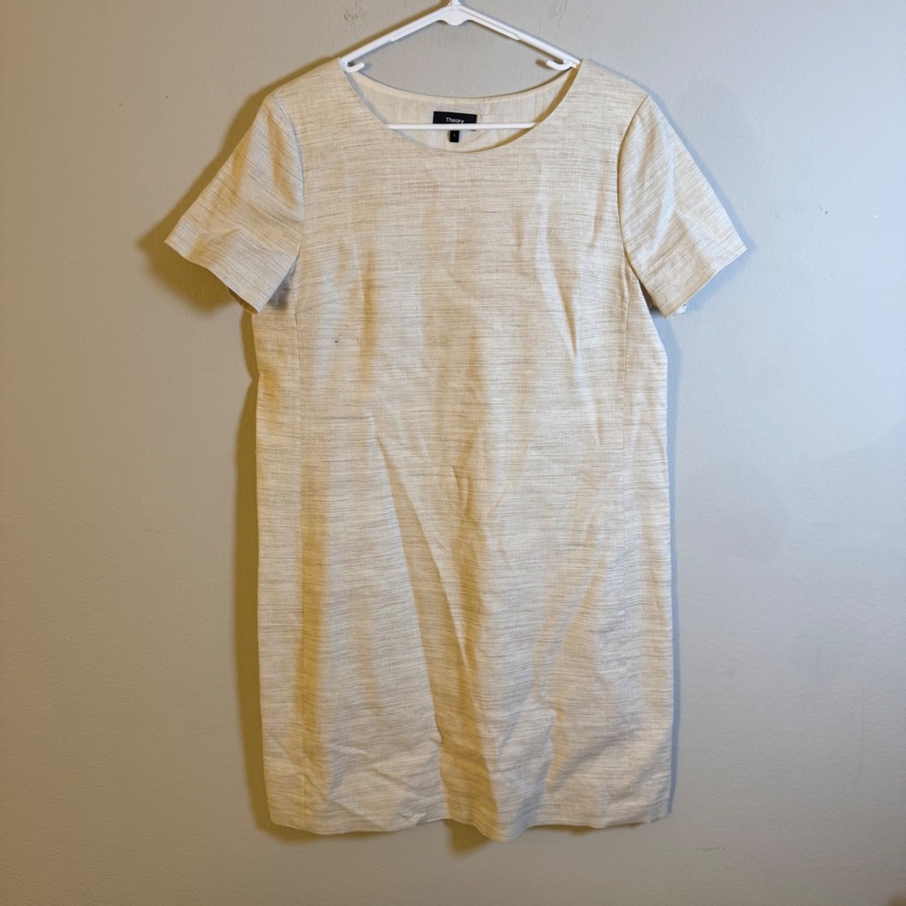 Theory Panel Shift Dress Sharkskin Crunch Linen Blend Beige Short Sleeve L‎